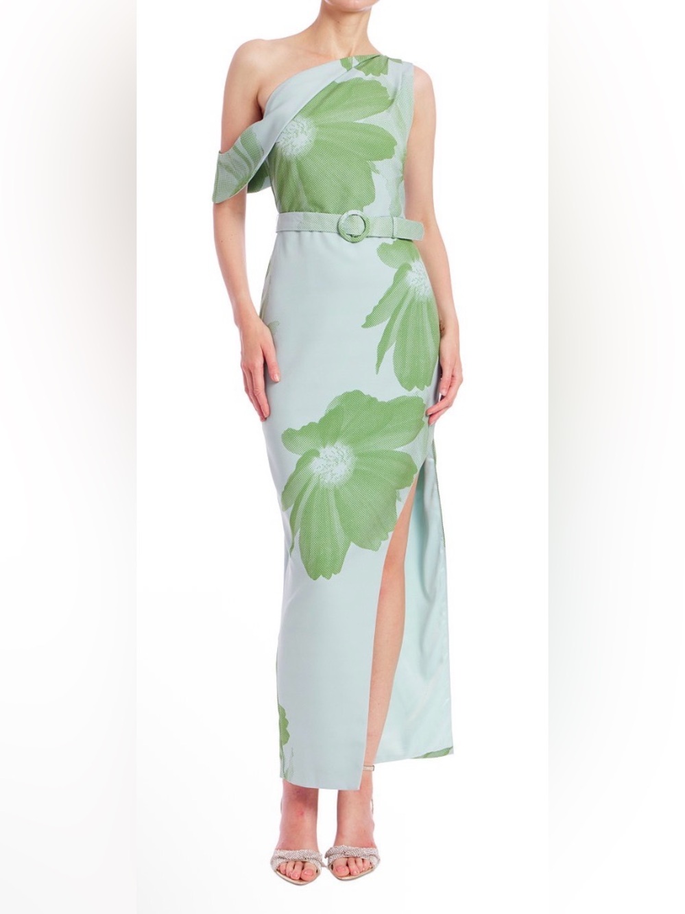Jewel by Badgley Mischka Asymmetric Floral Print Green Gown. NO BELT. Sz 14. NWT